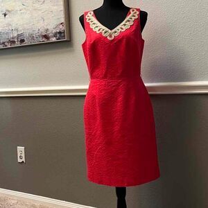 Antonio Melani Jacquard Textured Sheath red dress  gold decor on neckline size 6